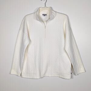 T by Talbots Cream Quilted Quarter Zip Pullover M Quiet Luxury Cozy Pockets